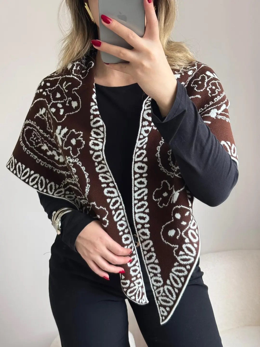 Etknik Desenli Triko Şal Gri Siyah
