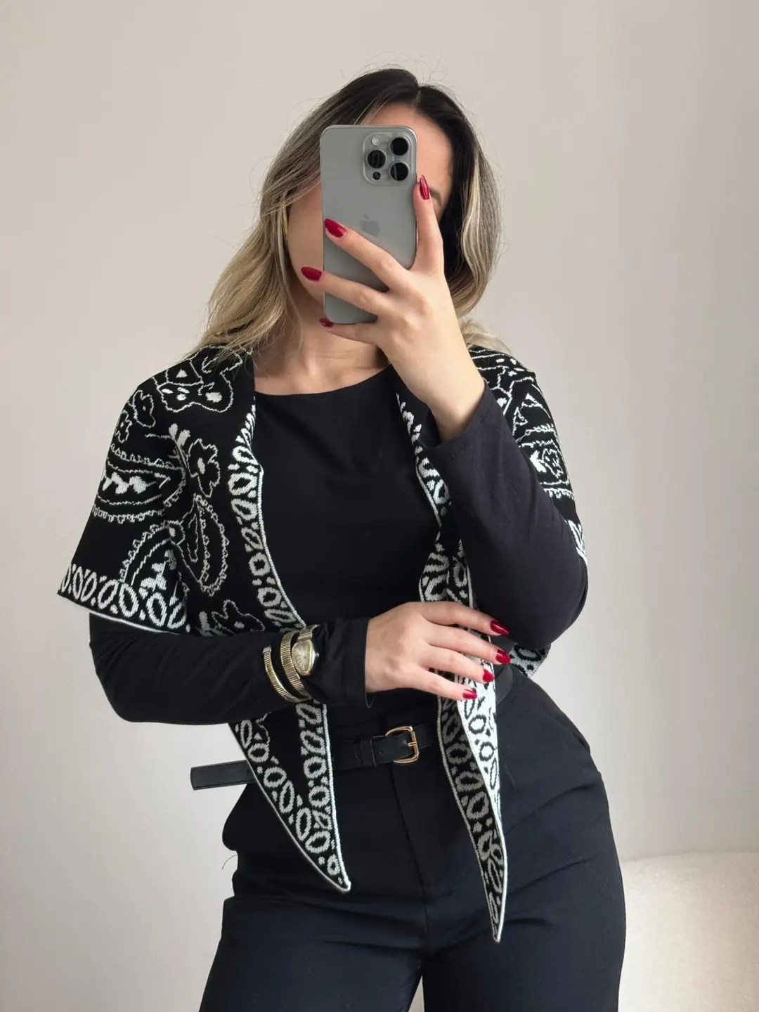Etnik Desenli Triko Şal Kahverengi Beyaz