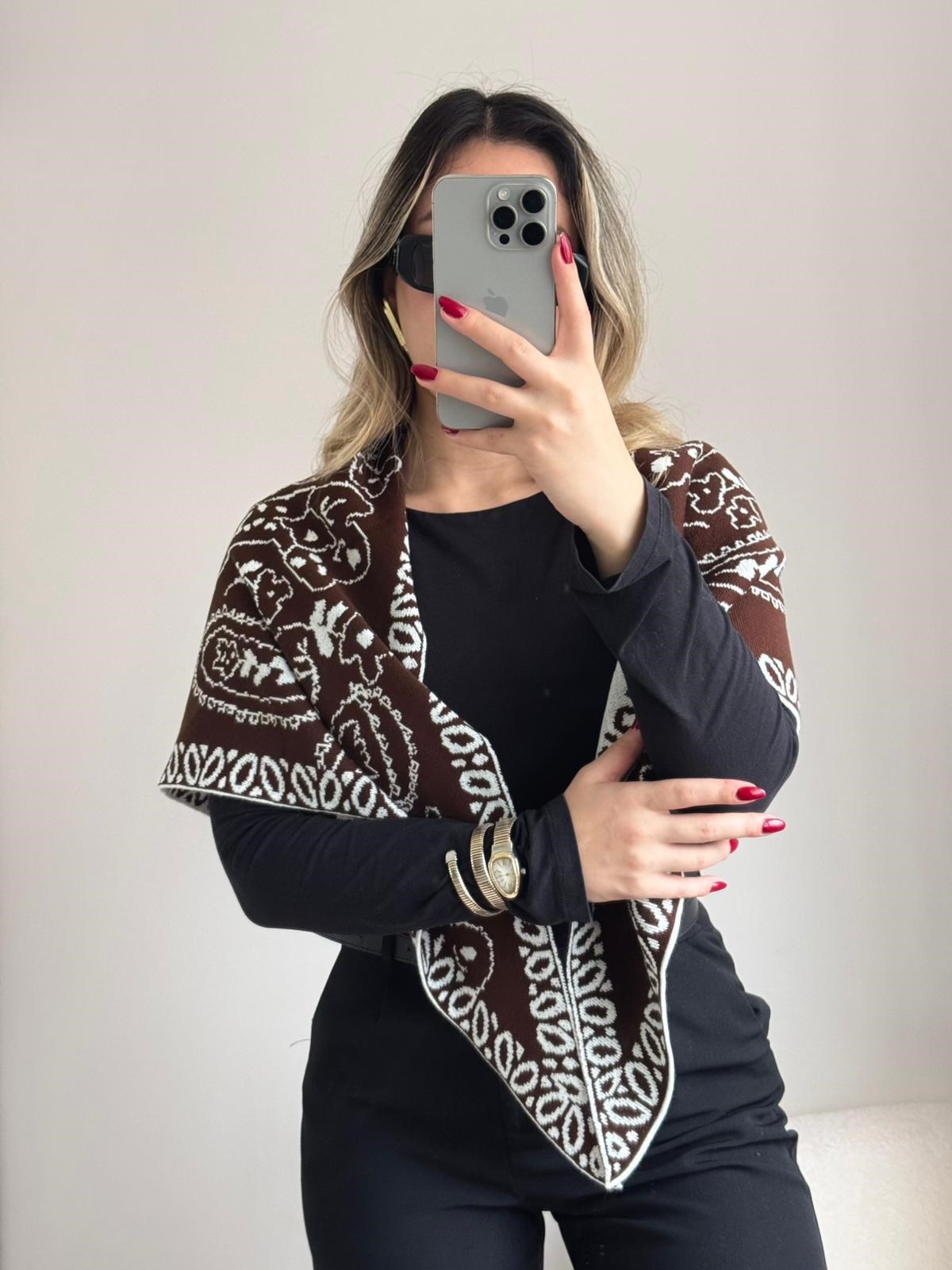 Etnik Desenli Triko Şal Kahverengi Beyaz
