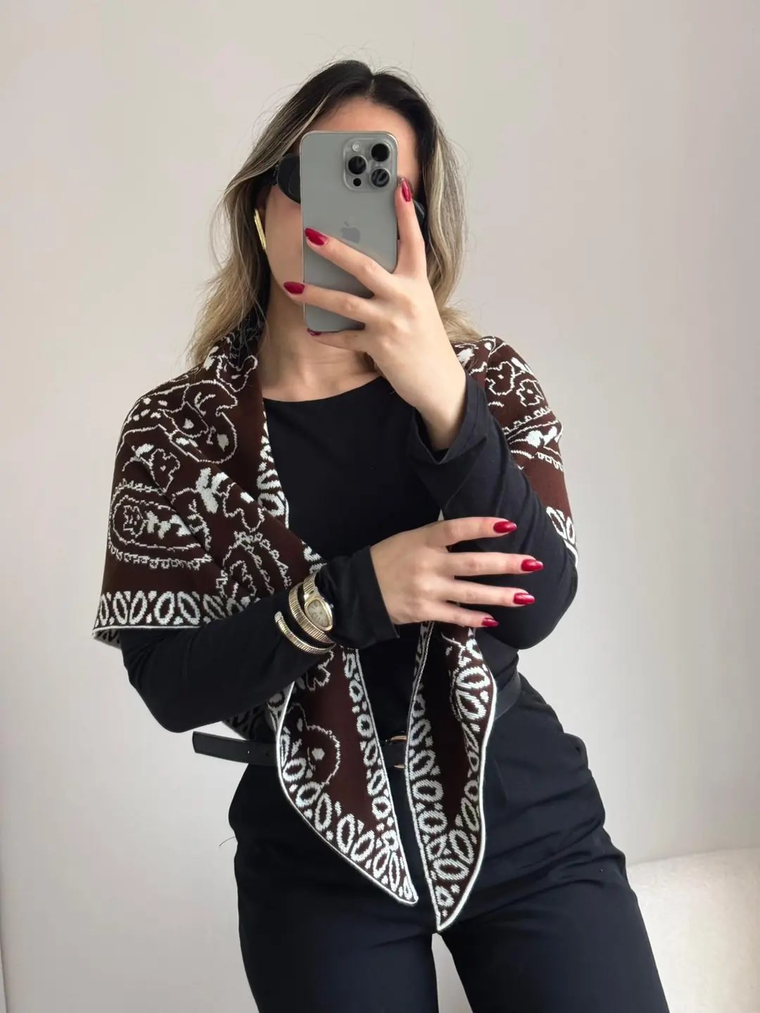 Etnik Desenli Triko Şal Siyah Beyaz