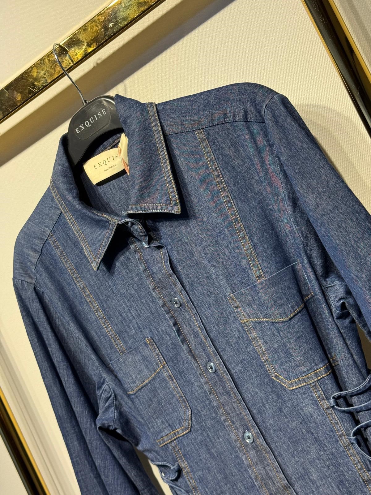EXQUİSE Arnaude Yandan Bağcık Detaylı Uzun Denim Elbise