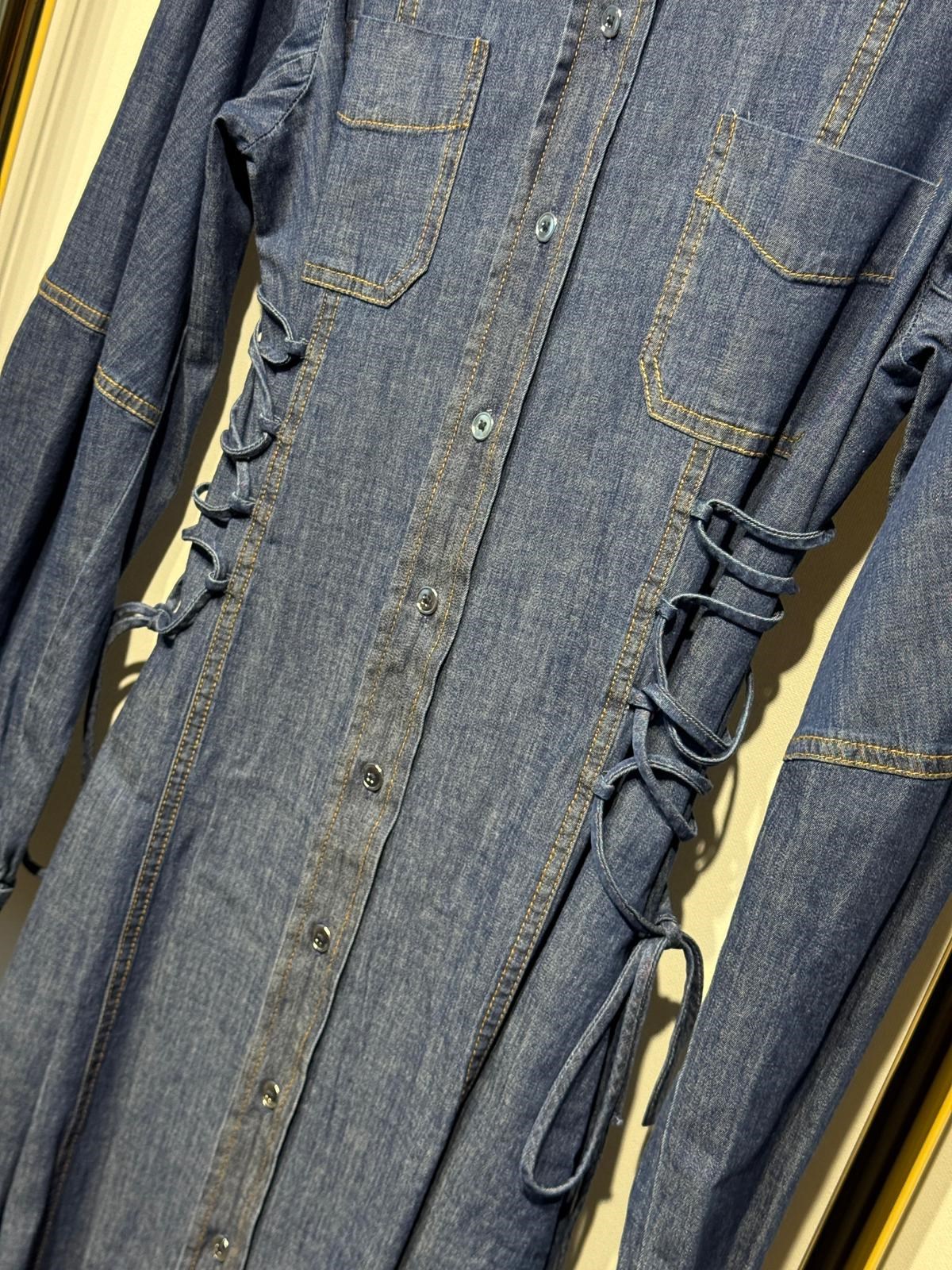 EXQUİSE Arnaude Yandan Bağcık Detaylı Uzun Denim Elbise