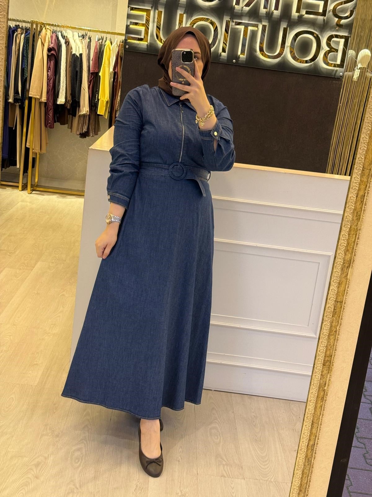 EXQUİSE Finis Kemer Hediyeli Denim Uzun Elbise