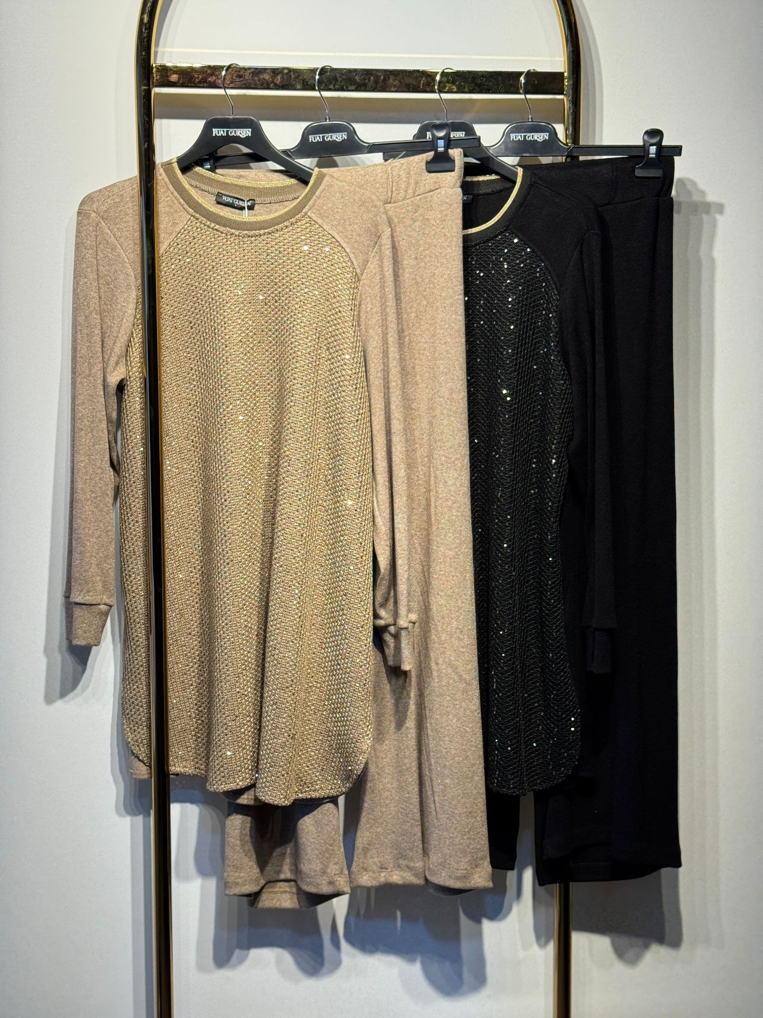 FUAT GÜRSEN Örme Payetli Kumaş Mix Triko Tunik Pantolon Takım