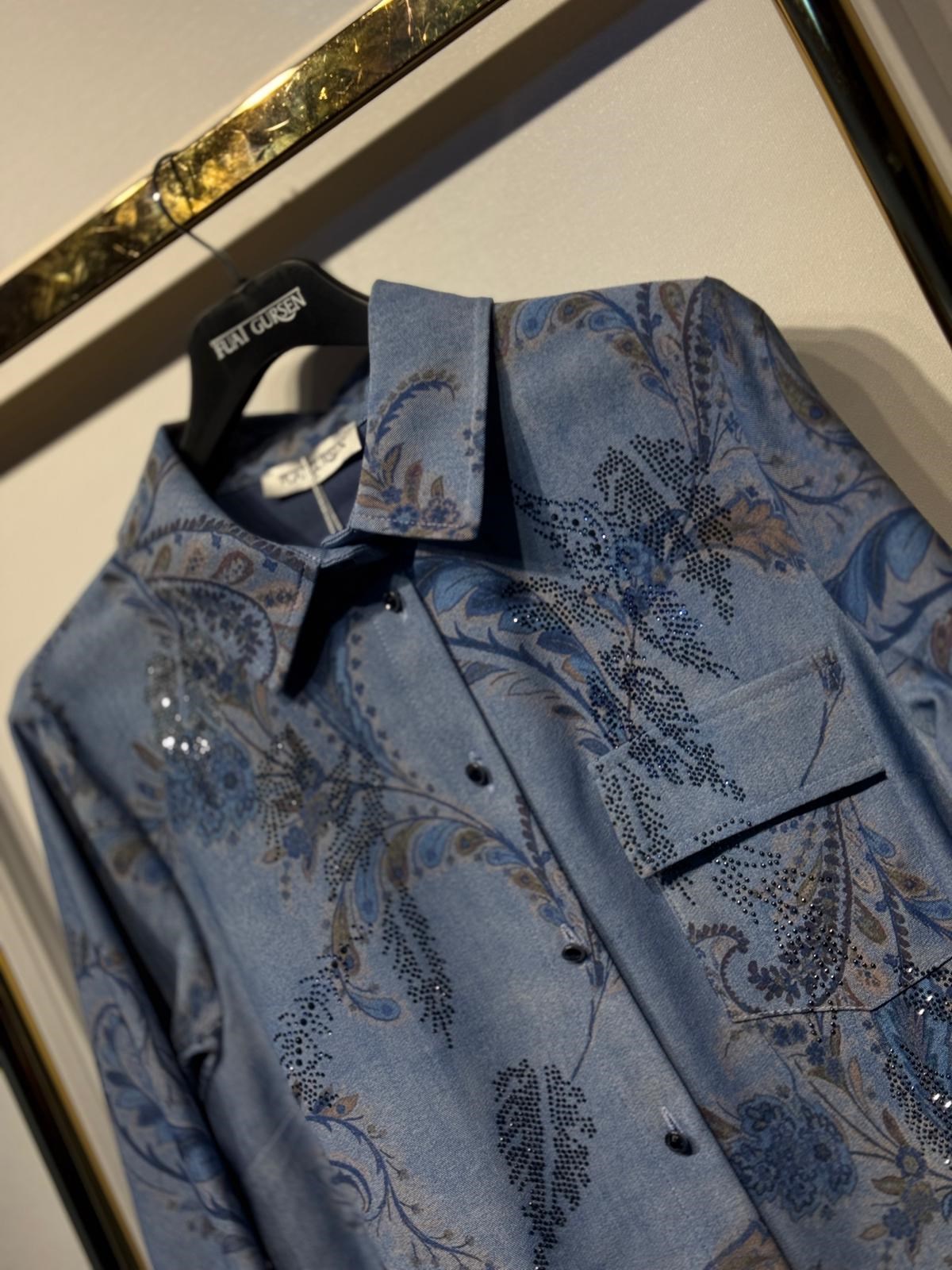 FUAT GÜRSEN Pırlanta İşlemeli Desenli Denim Kumaş Rahat Gömlek