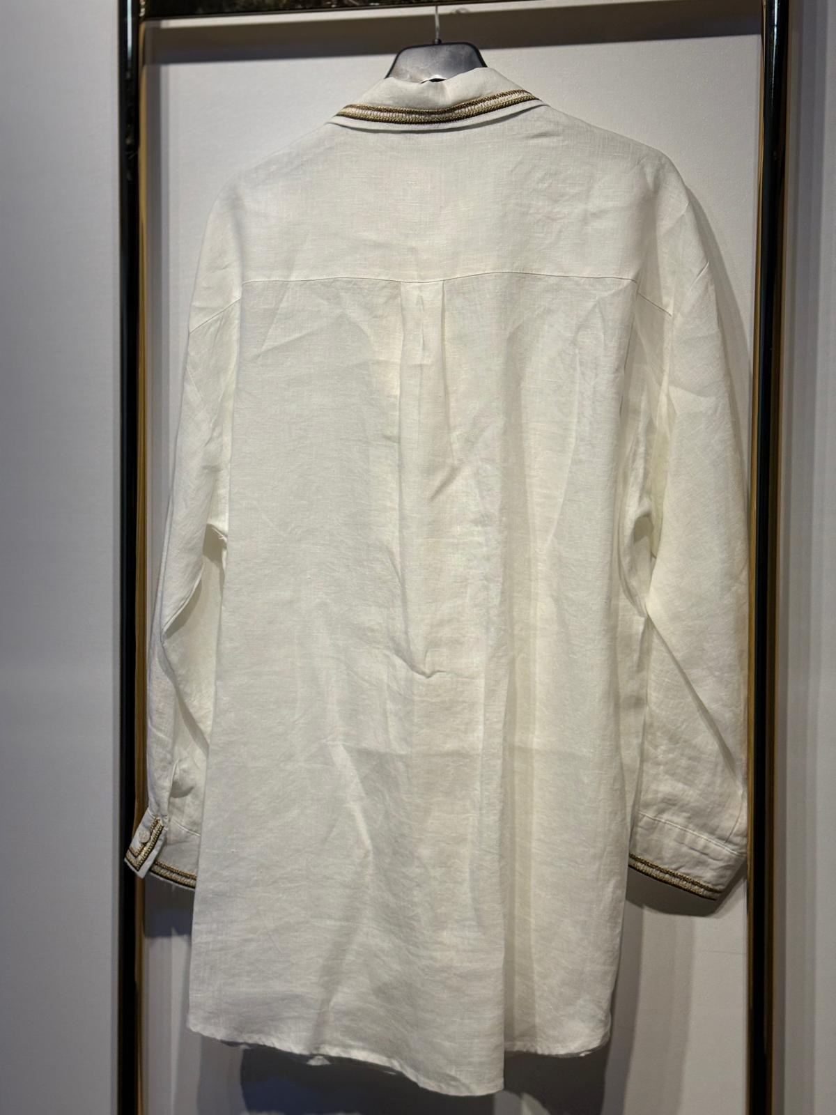 FUAT GÜRSEN Yaka ve Bilek Nakış İşlemeli Bronş Hediyeli Rahat Keten Gömlek