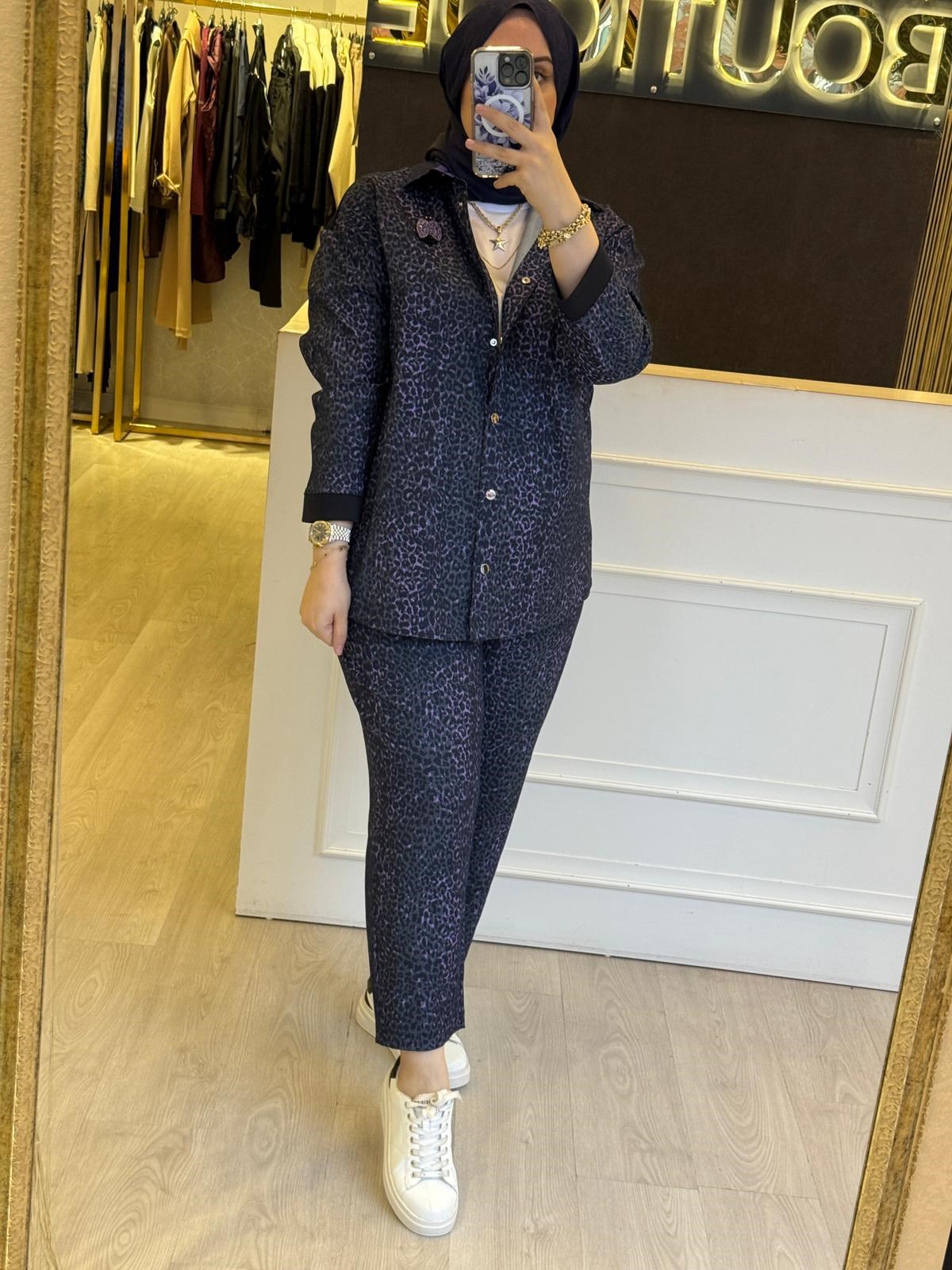 GHİSA Desenli Özel Kumaş Önden Çıtçıt Bağlamalı Tunik Pantolon Takım