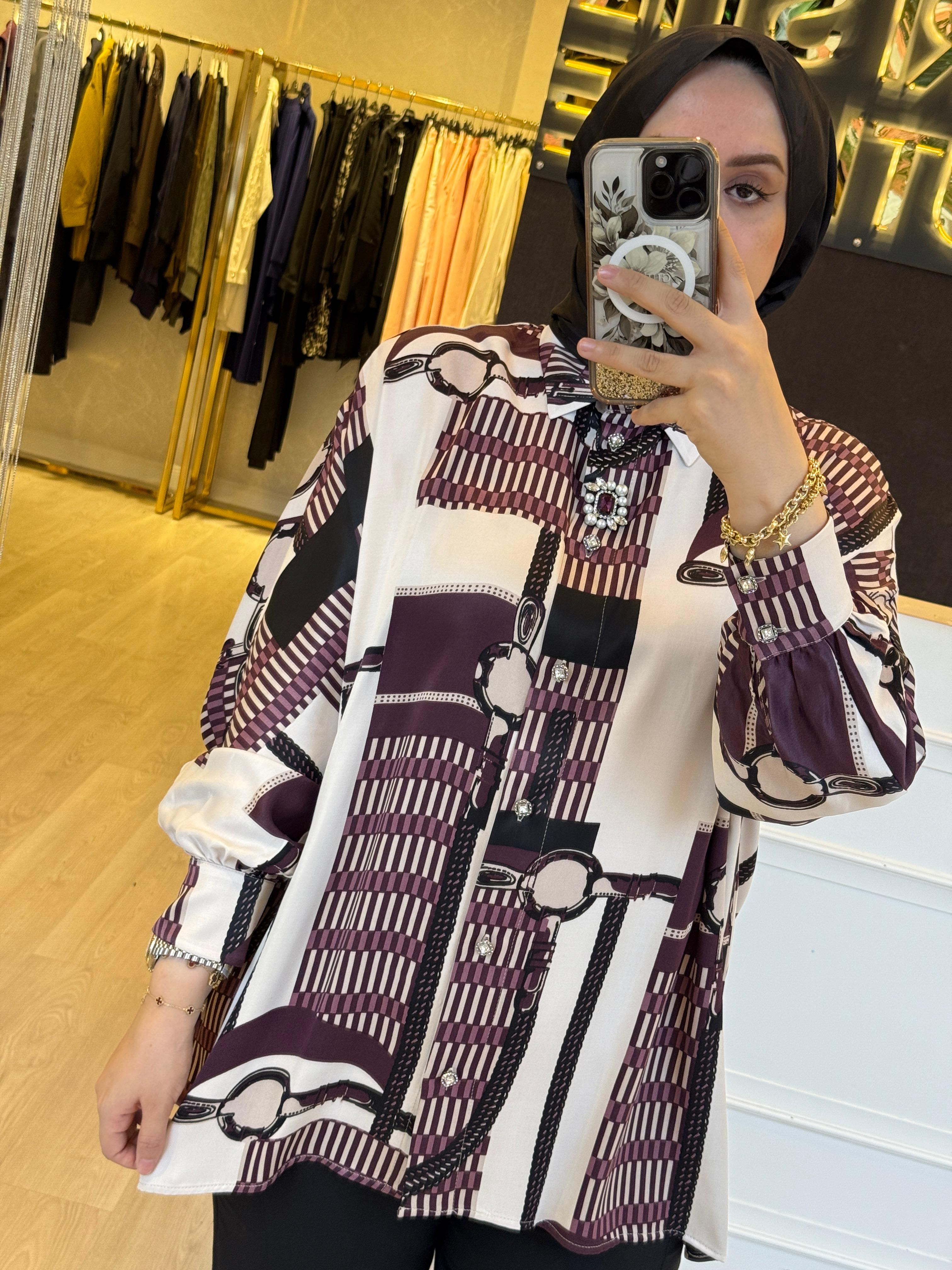 GHİSA Desenli Pırlanta Düğme Detaylı Rahat Gömlek