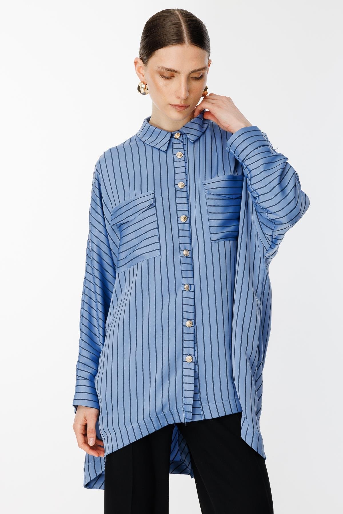 GHİSA Gold Düğmeli Çizgili Kumaş Gömlek