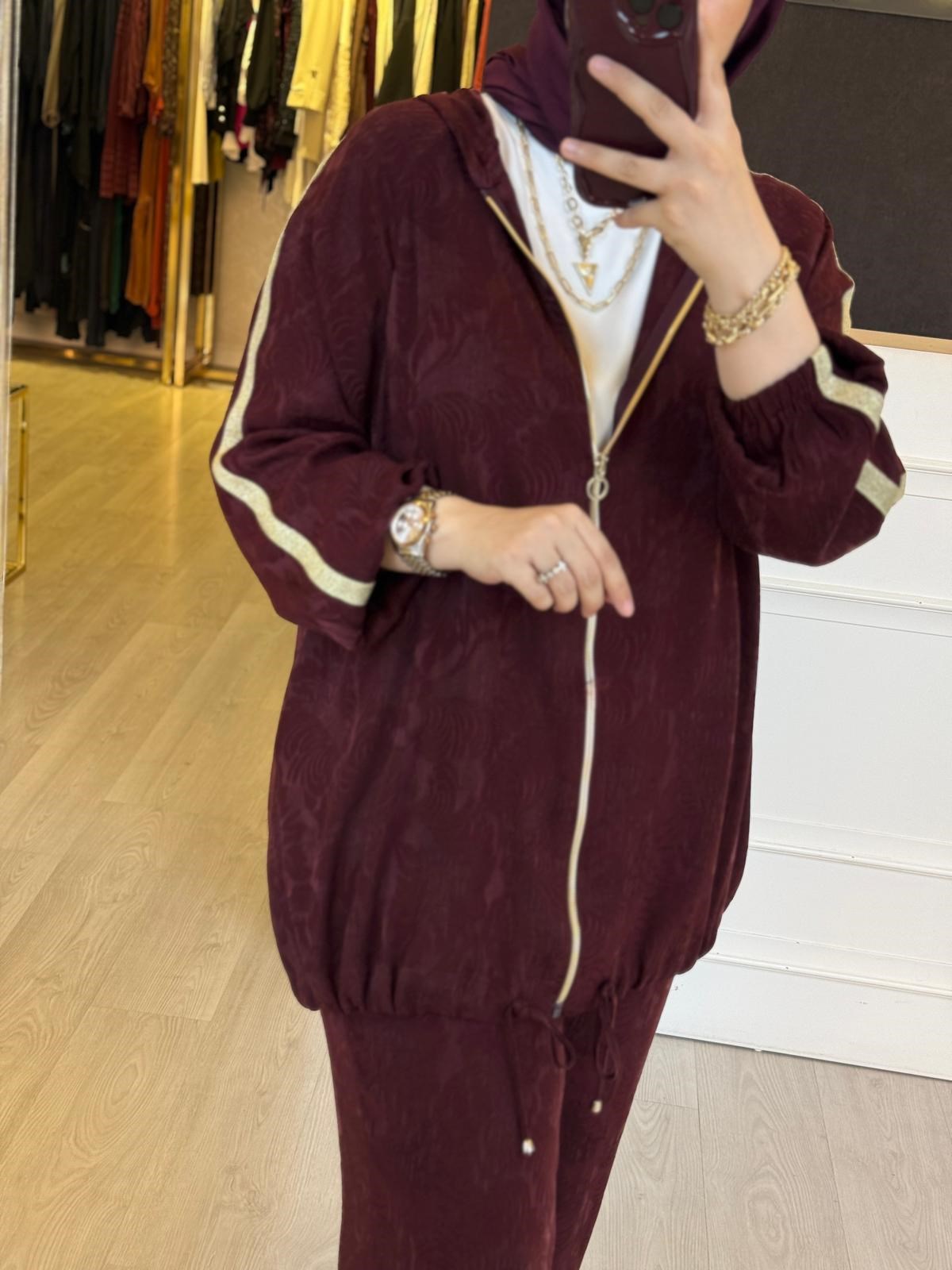 GHİSA Gold Fermuar Şerit Detaylı Desen Kumaş Sweat Pantolon Takım