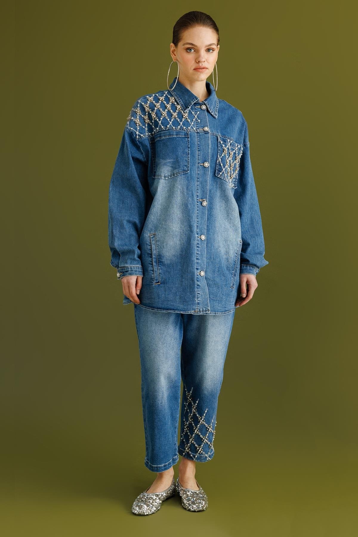 GHİSA İnci Detaylı Jeans Kot Ceket Pantolon Takım