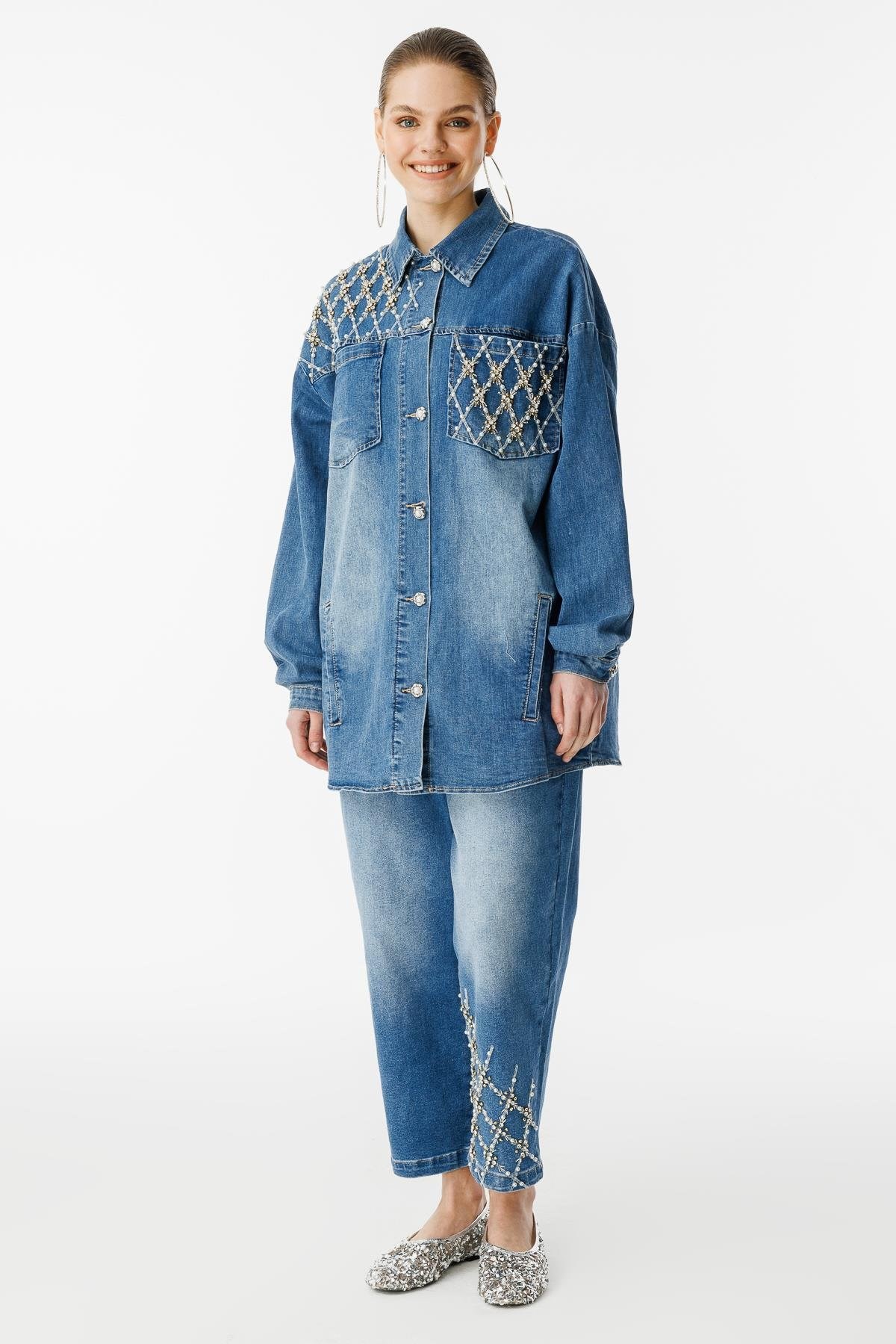 GHİSA İnci Detaylı Jeans Kot Ceket Pantolon Takım