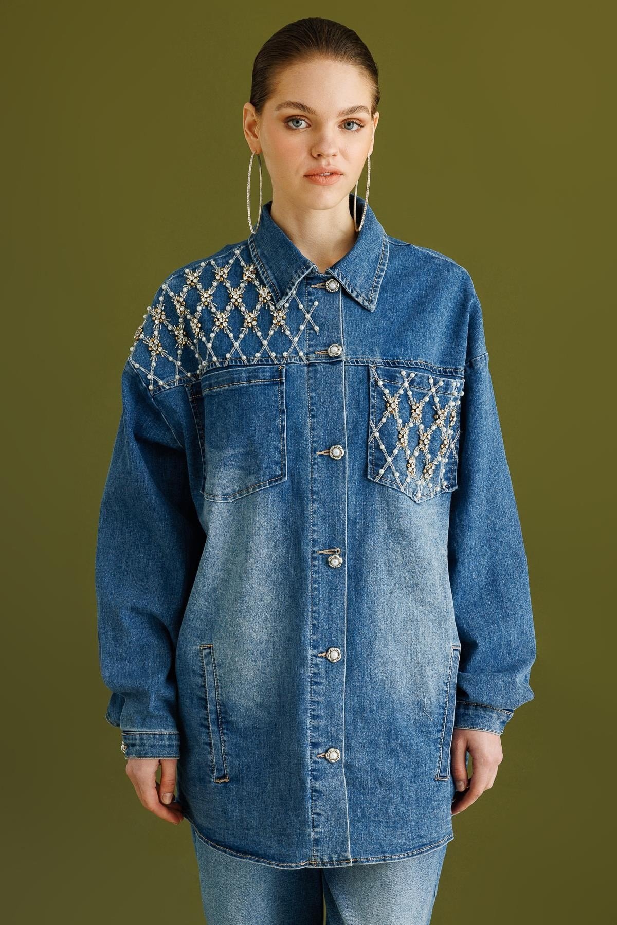 GHİSA İnci Detaylı Jeans Kot Ceket Pantolon Takım