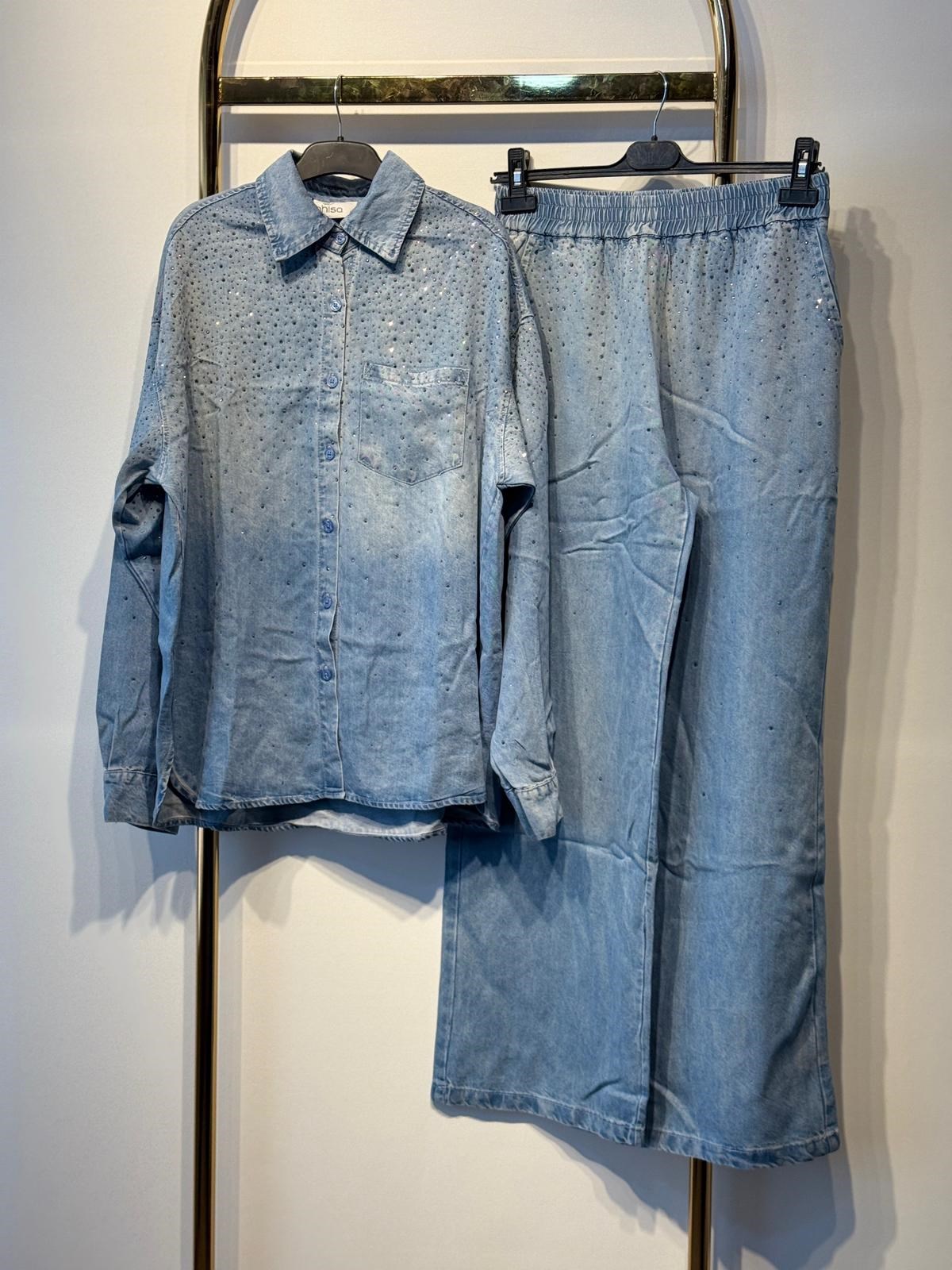 GHİSA Parıltı İşlemeli Denim Gömlek Pantolon Takım