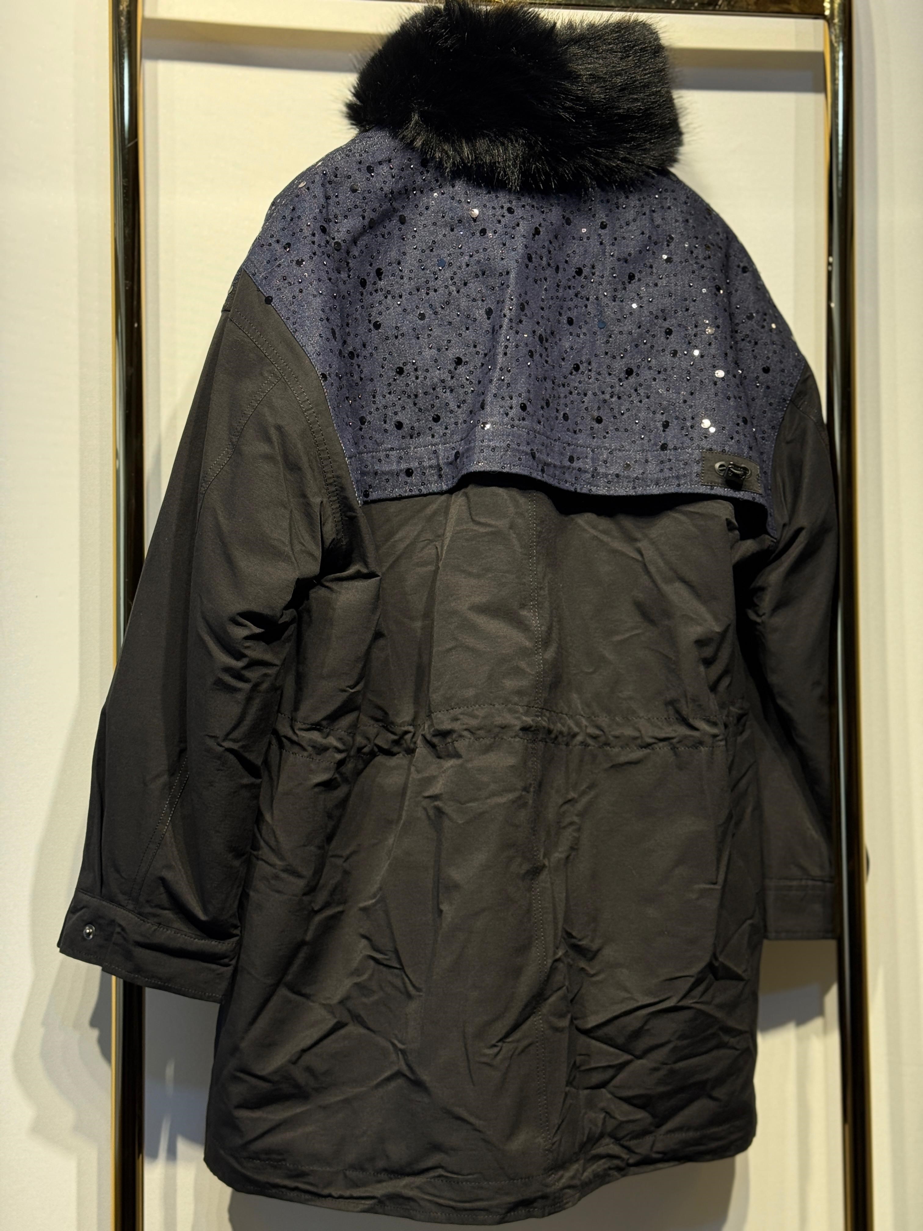 GHİSA Payet İşlemeli Denim Mix Kumaş Kürk Detaylı Kaban
