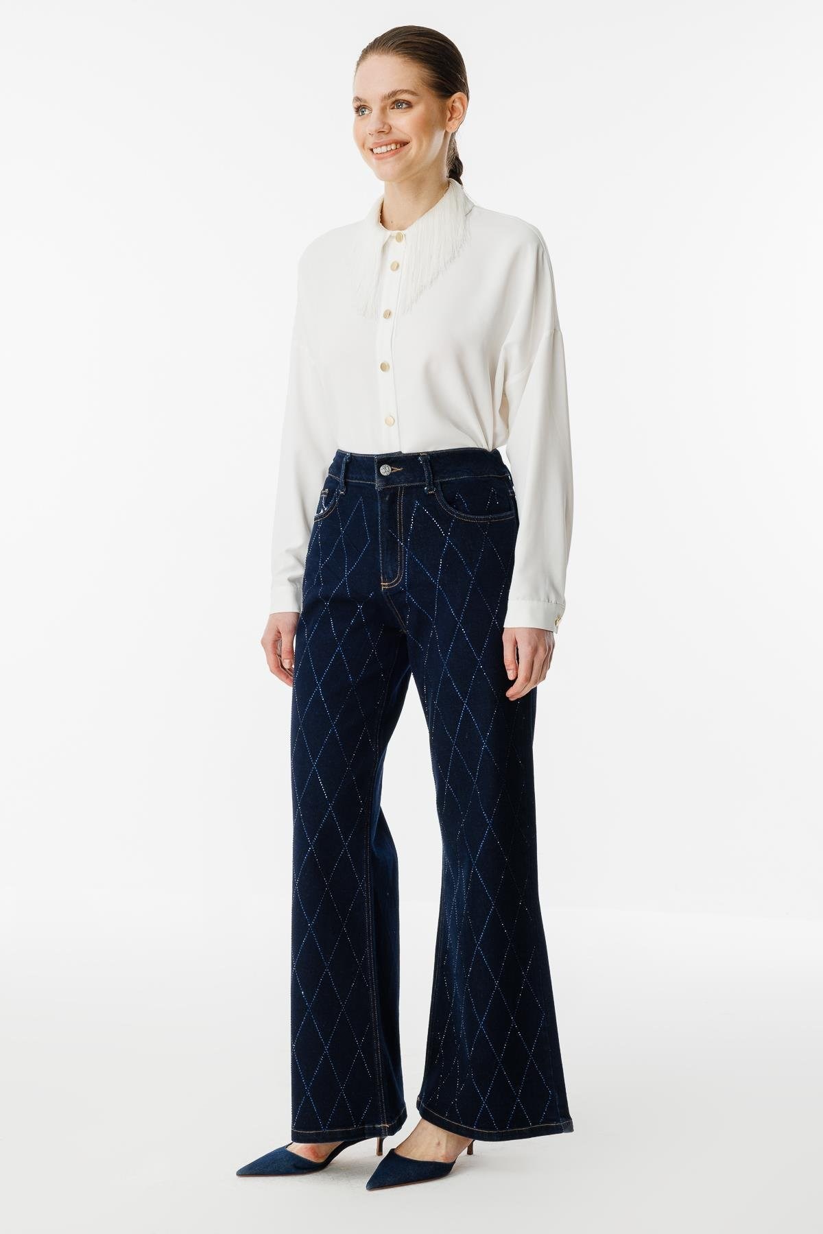 GHİSA TAŞ KAPİTONE İŞLEMELİ JEANS PANTOLON