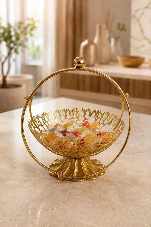 Gold Metal Dekoratif Meyvelik & İkramlık Sunum Sepeti