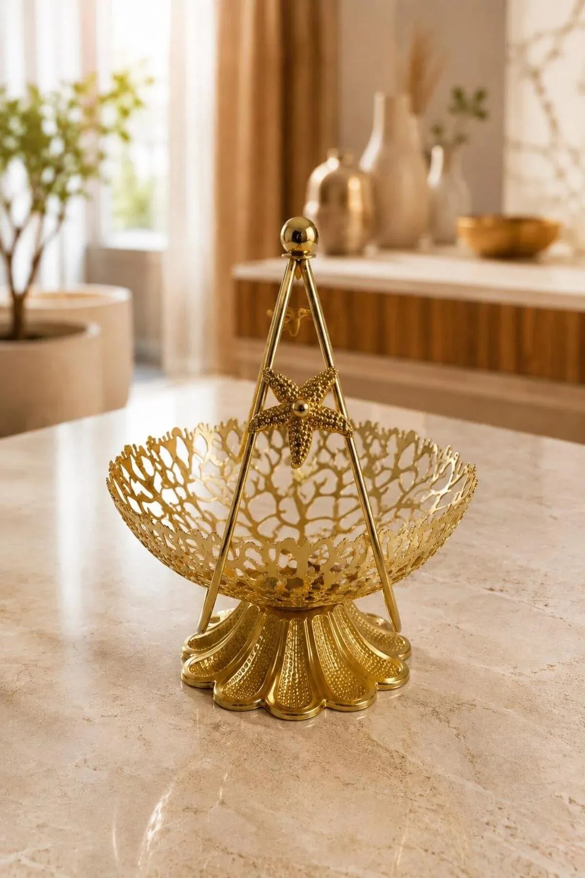 Gold Metal Dekoratif Meyvelik & İkramlık Sunum Sepeti