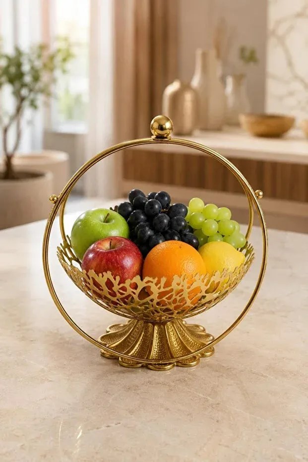 Gold Metal Dekoratif Meyvelik & İkramlık Sunum Sepeti