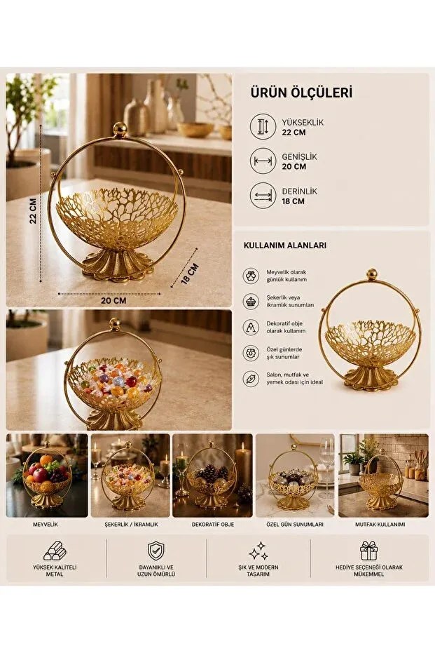 Gold Metal Dekoratif Meyvelik & İkramlık Sunum Sepeti