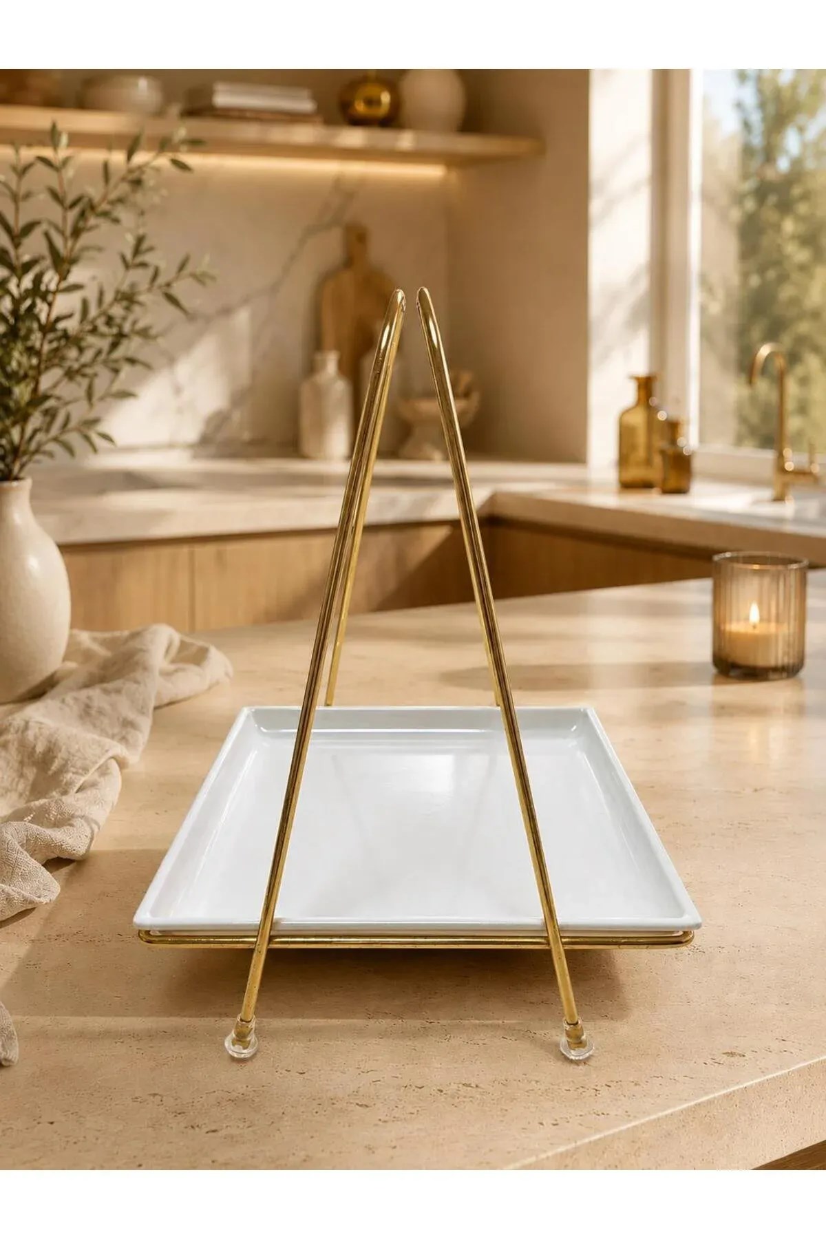 Gold Metal Standlı Melamin Servis Tepsisi & Sunum Standı