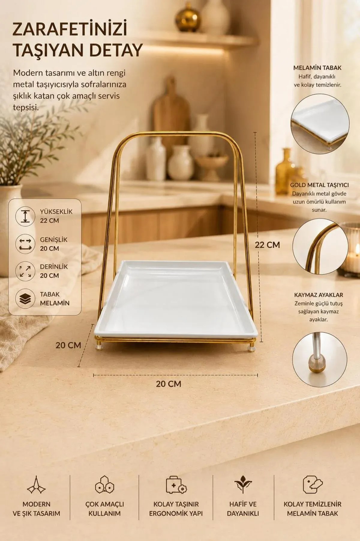 Gold Metal Standlı Melamin Servis Tepsisi & Sunum Standı