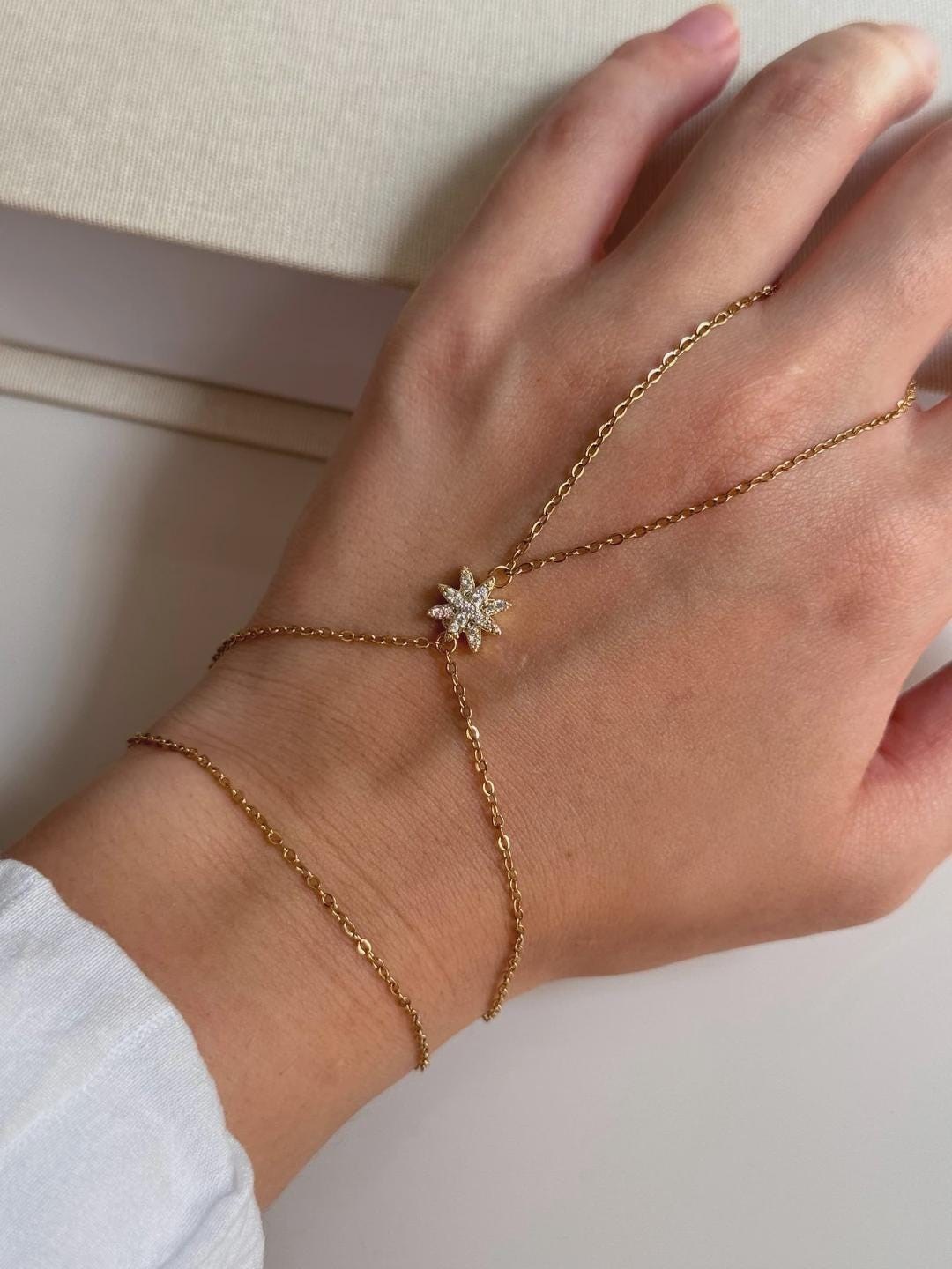 Gold Starburst Hand Chain Bracelet – Dainty Zircon Slave Bracelet, Adjustable Women’s Hand Jewelry Gift