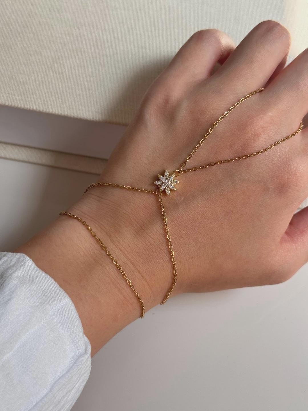 Gold Starburst Hand Chain Bracelet – Dainty Zircon Slave Bracelet, Adjustable Women’s Hand Jewelry Gift
