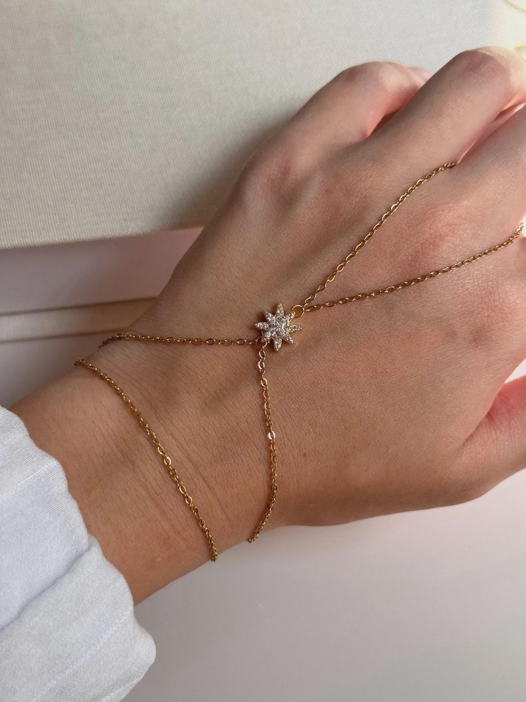 Gold Starburst Hand Chain Bracelet – Dainty Zircon Slave Bracelet, Adjustable Women’s Hand Jewelry Gift