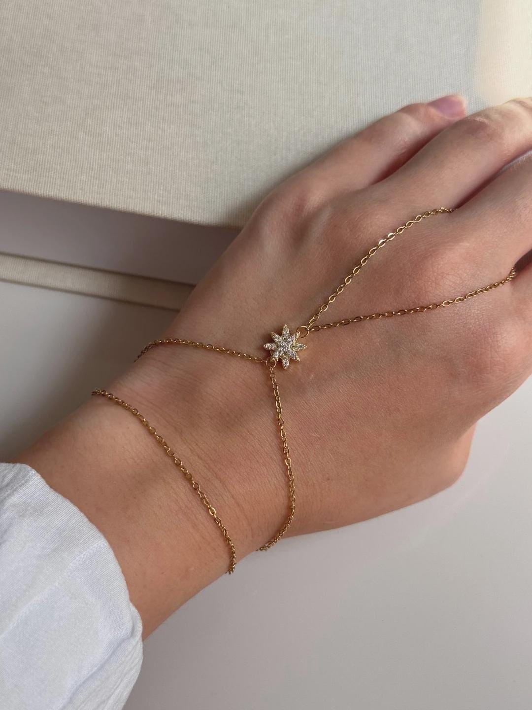 Gold Starburst Hand Chain Bracelet – Dainty Zircon Slave Bracelet, Adjustable Women’s Hand Jewelry Gift
