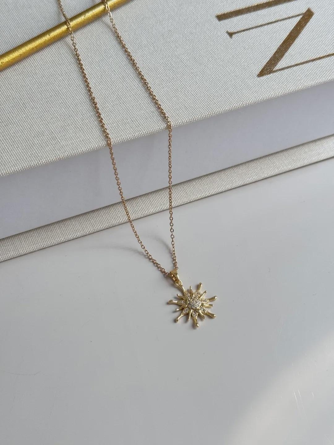 Gold Sun Pendant Necklace for Women – Stainless Steel, Minimalist Celestial Jewelry, Dainty Gold-Plated Gift for Her