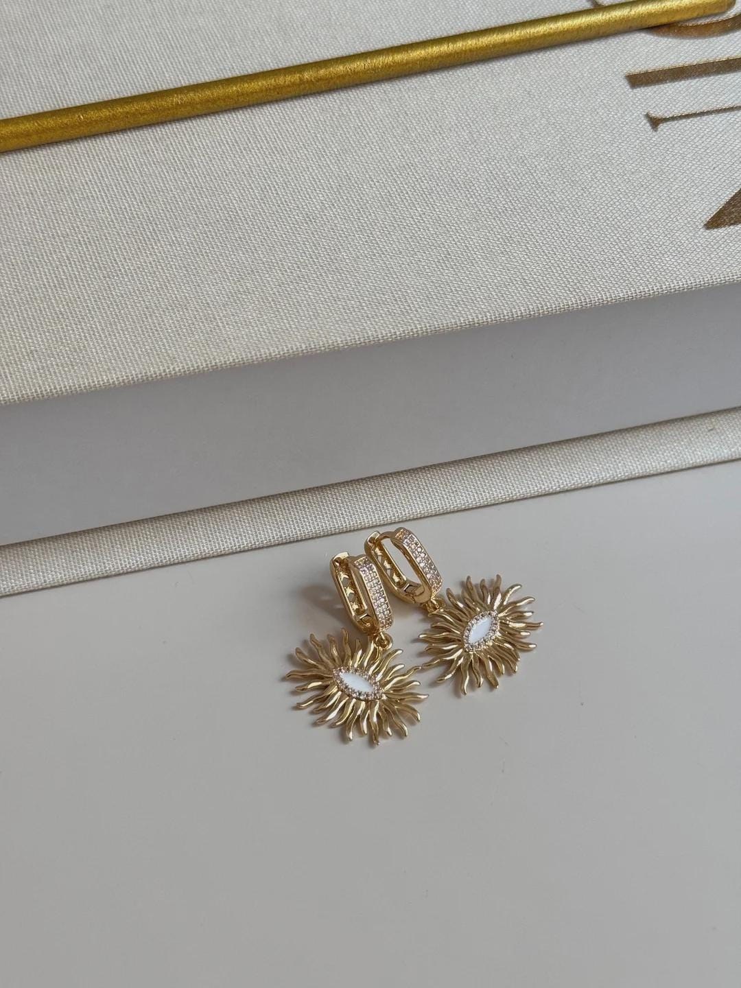 Gold Sunburst Drop Earrings Dainty Sparkly Dangle Earrings For Women
