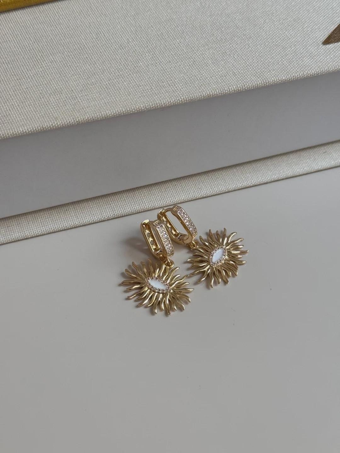 Gold Sunburst Drop Earrings Dainty Sparkly Dangle Earrings For Women