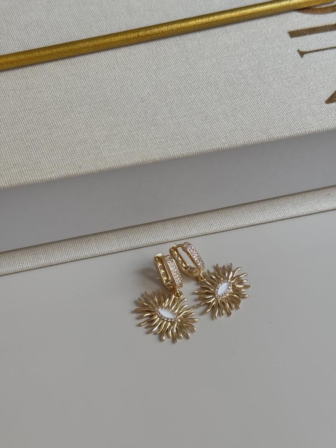 Gold Sunburst Drop Earrings Dainty Sparkly Dangle Earrings For Women
