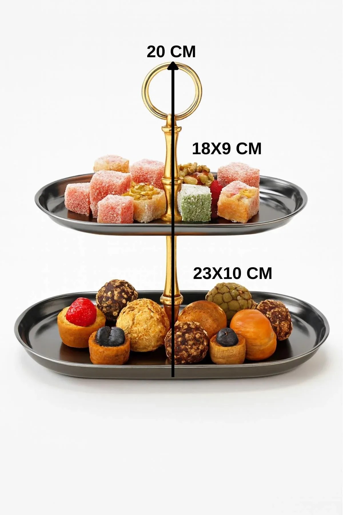 Gold Tutamaçlı 2 Katlı Metal Sunumluk – Lokumluk ve Pasta Servisi