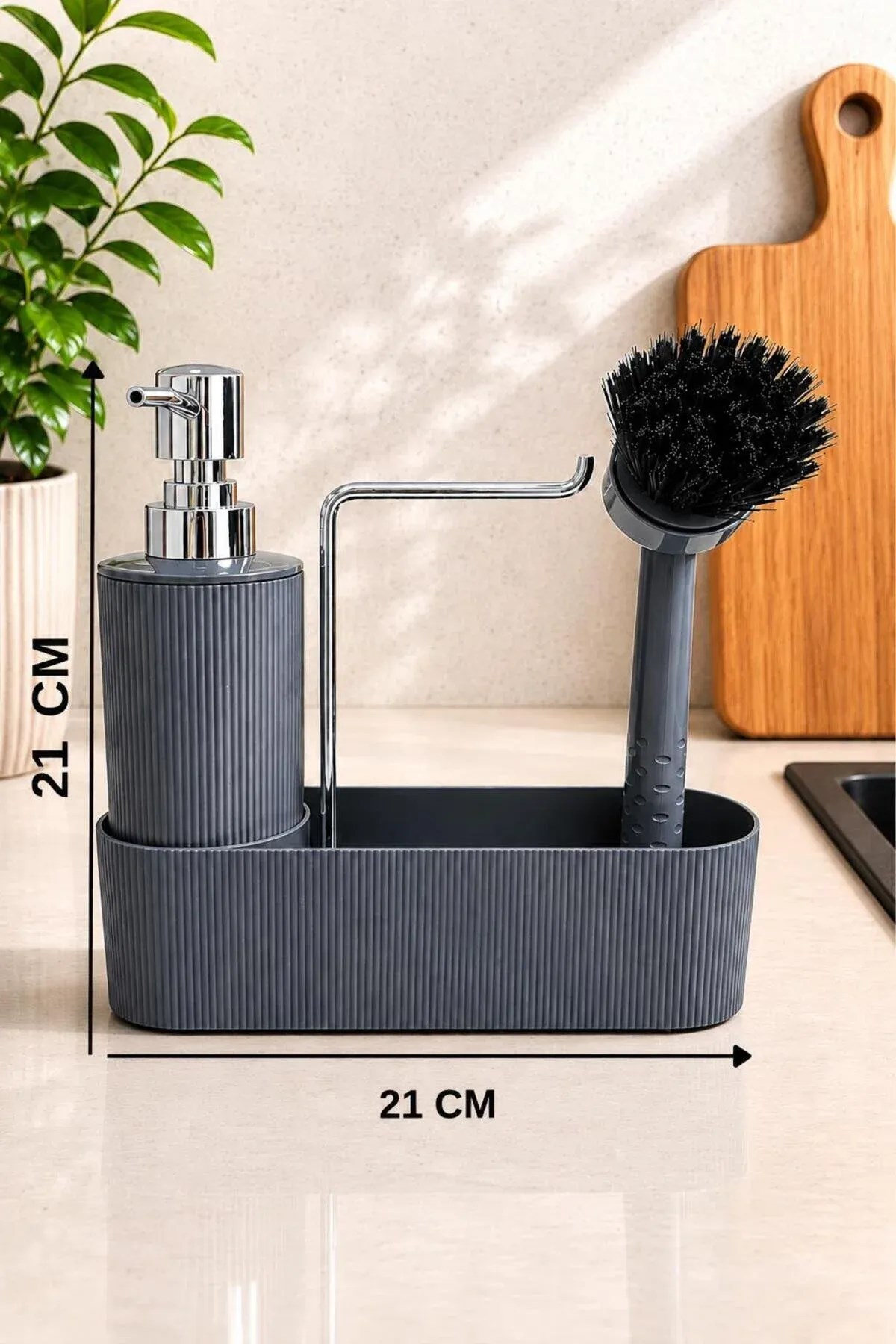 Gri Mutfak Düzenleyici Sabunluk ve Fırçalık Seti – Lavabo Üstü Organizer