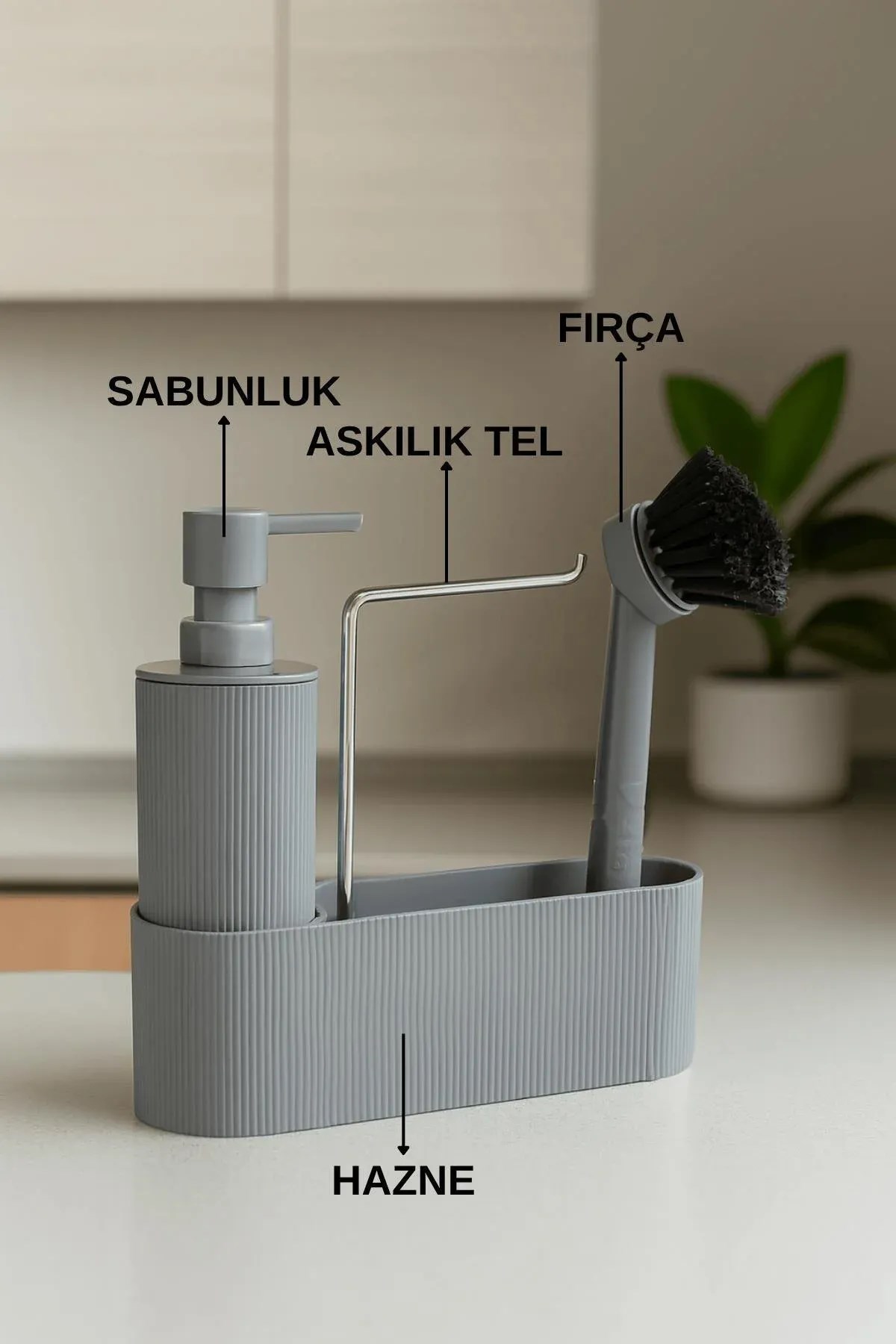 Gri Mutfak Lavabo Düzenleyici Set – Çizgili Sabunluk & Fırçalık