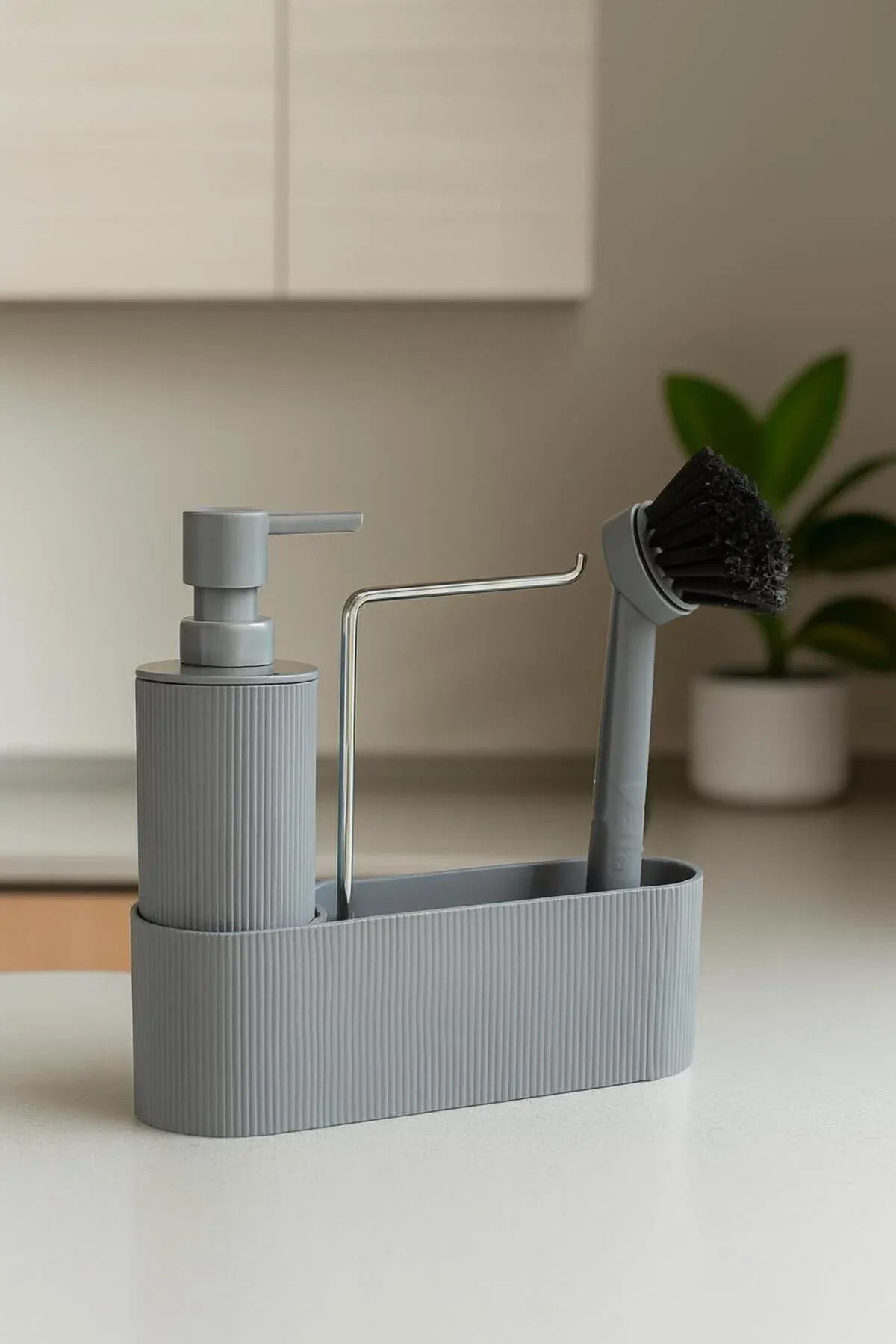 Gri Mutfak Lavabo Düzenleyici Set – Çizgili Sabunluk & Fırçalık