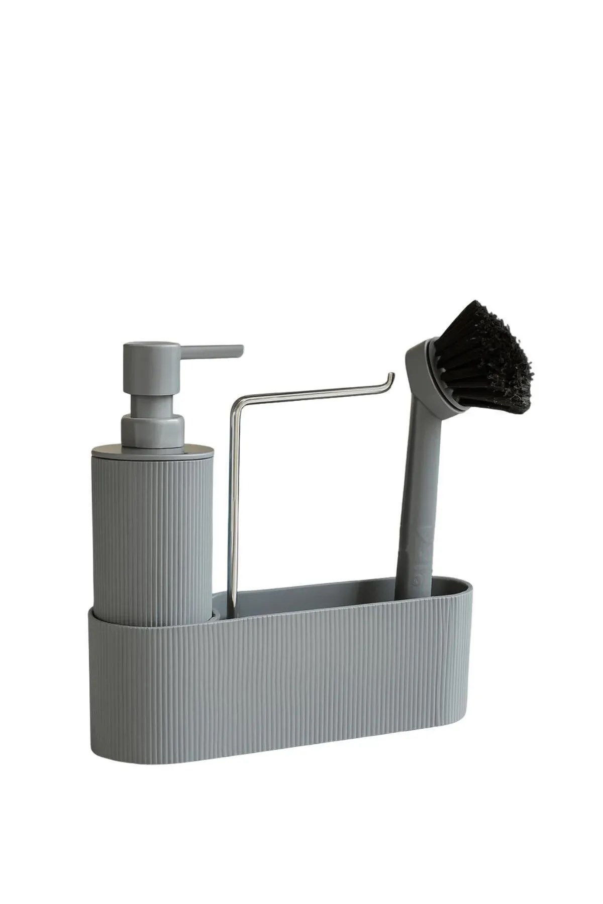 Gri Mutfak Lavabo Düzenleyici Set – Çizgili Sabunluk & Fırçalık
