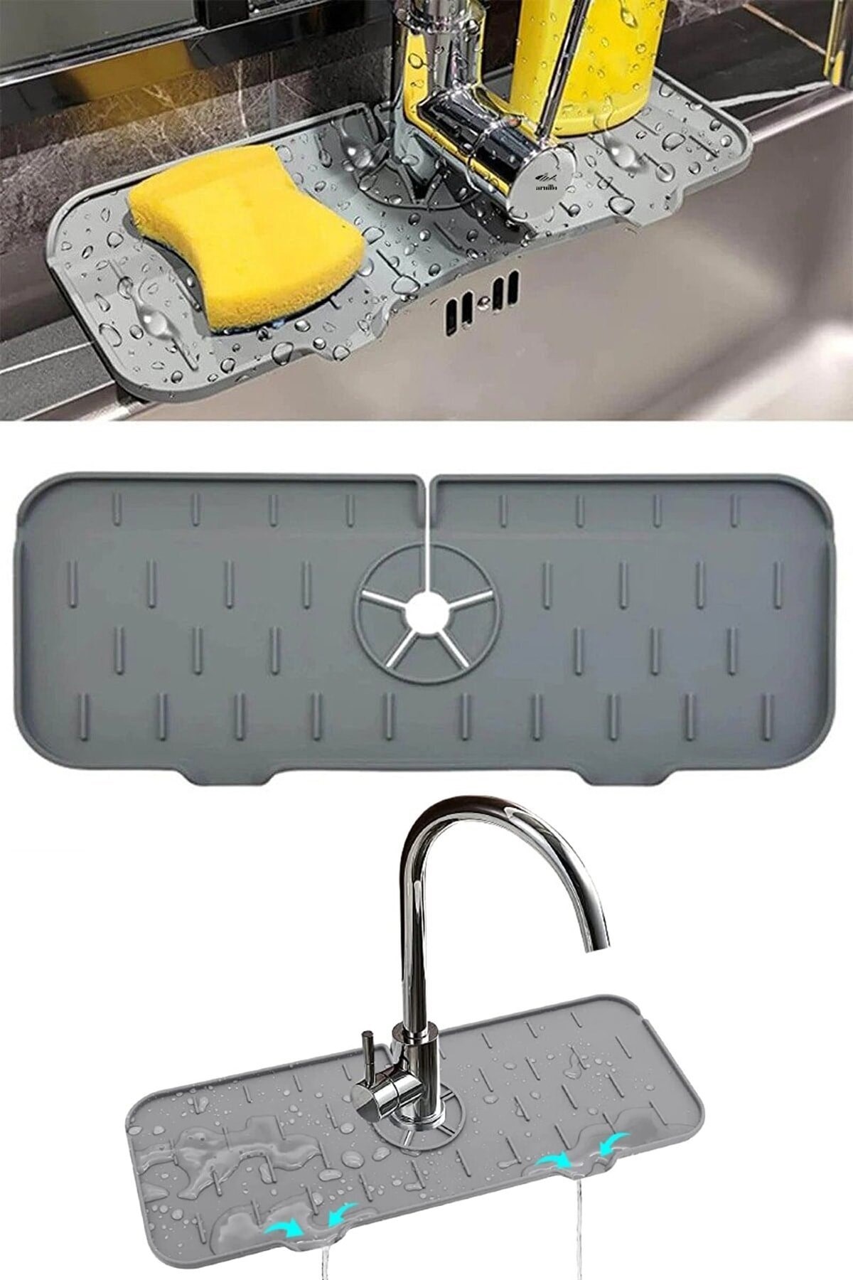 Gri Su Tutucu Musluk Matı Mutfak Banyo Için Koruyucu Musluk Lavabo Matı Bulaşık Süngeri Matı