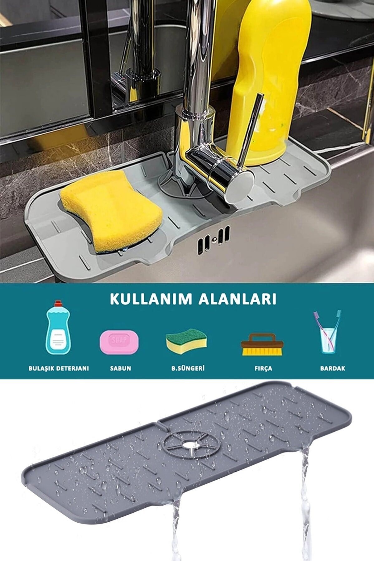 Gri Su Tutucu Musluk Matı Mutfak Banyo Için Koruyucu Musluk Lavabo Matı Bulaşık Süngeri Matı