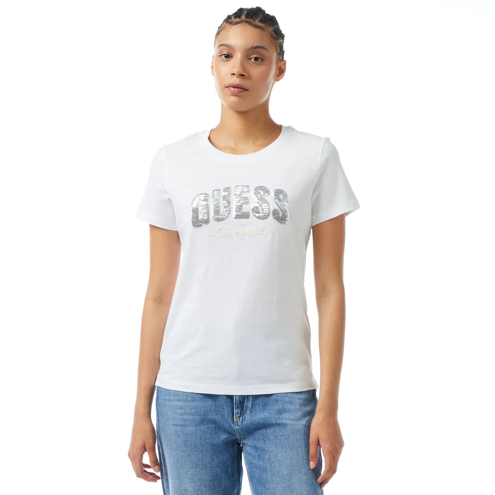 GUESS Sequins Biiklet Yaka önü pul amblem Tshirt