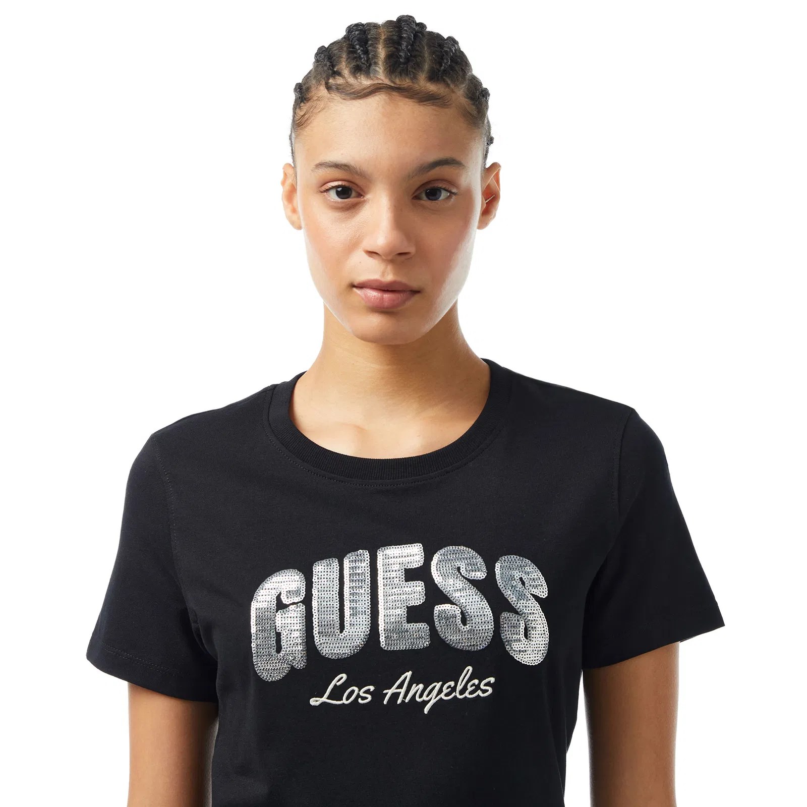 GUESS Sequins Biiklet Yaka önü pul amblem Tshirt