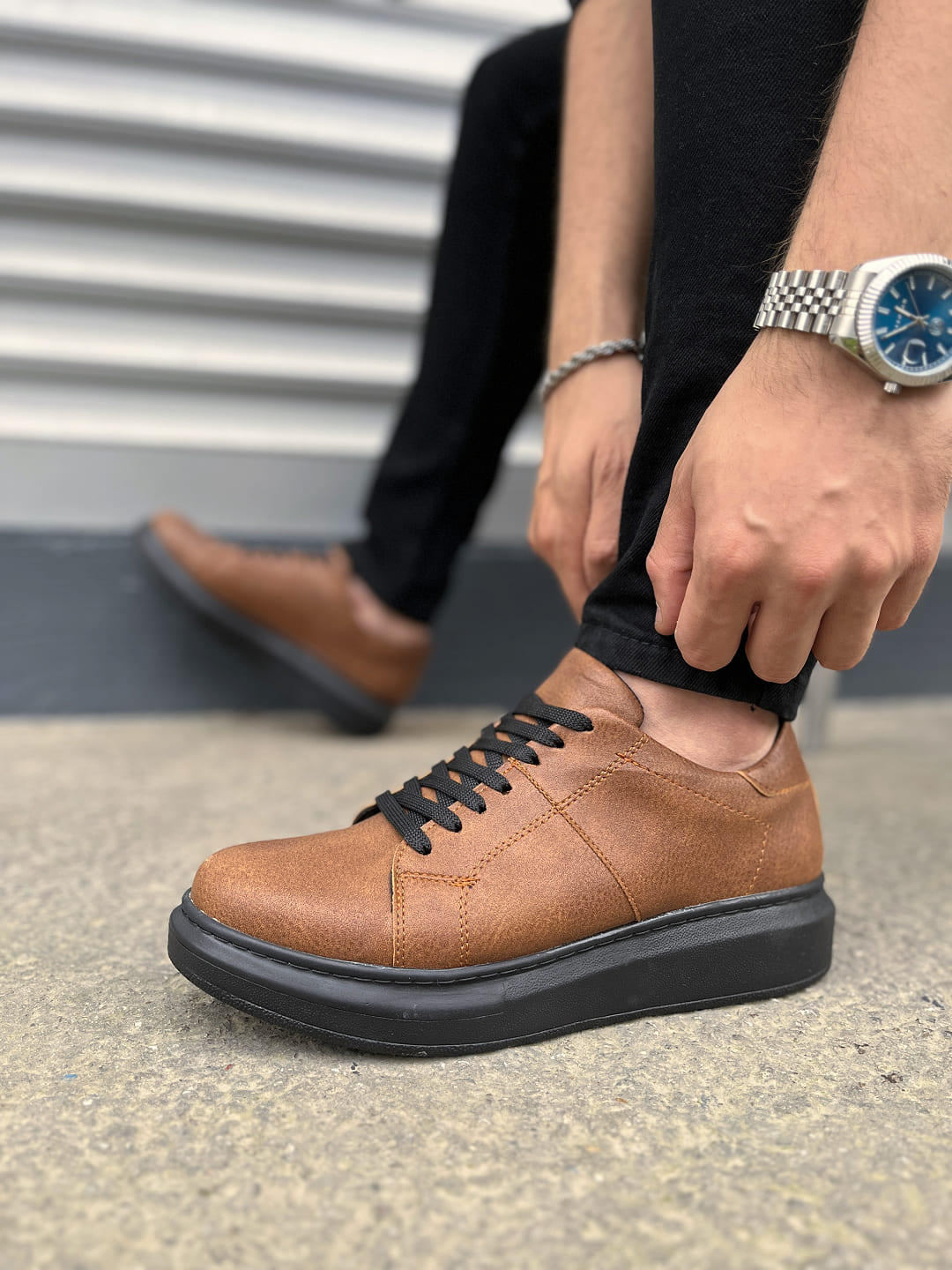 JY151 Boost Bağcıklı Cilt Erkek Günlük Sneaker Ayakkabı CST - Taba