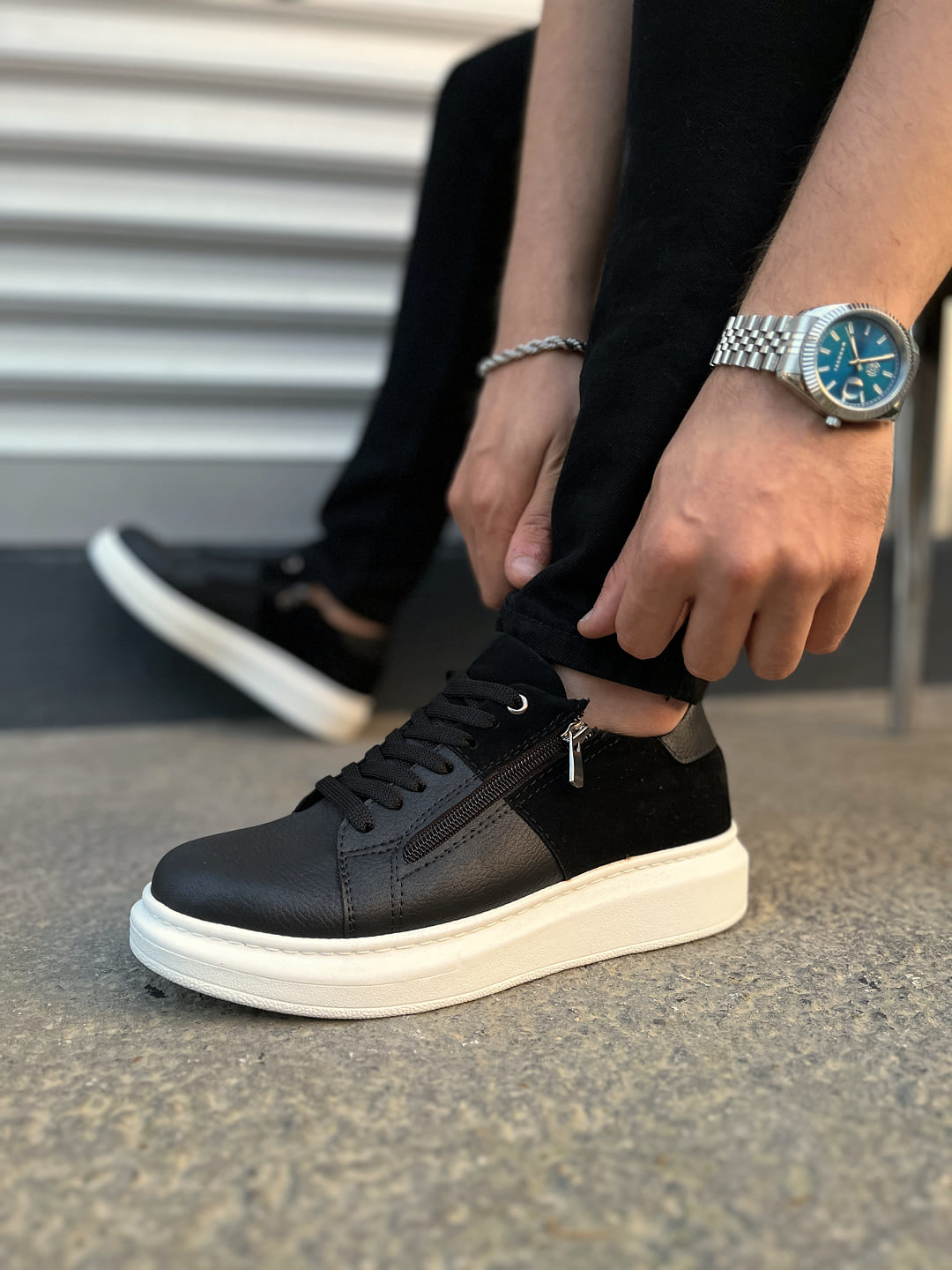 JY155 Warrior Bağcıklı ve Fermuarlı Cilt Süet Erkek Günlük Sneaker Ayakkabı CSBT - Siyah