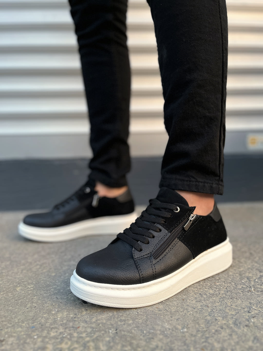 JY155 Warrior Bağcıklı ve Fermuarlı Cilt Süet Erkek Günlük Sneaker Ayakkabı CSBT - Siyah