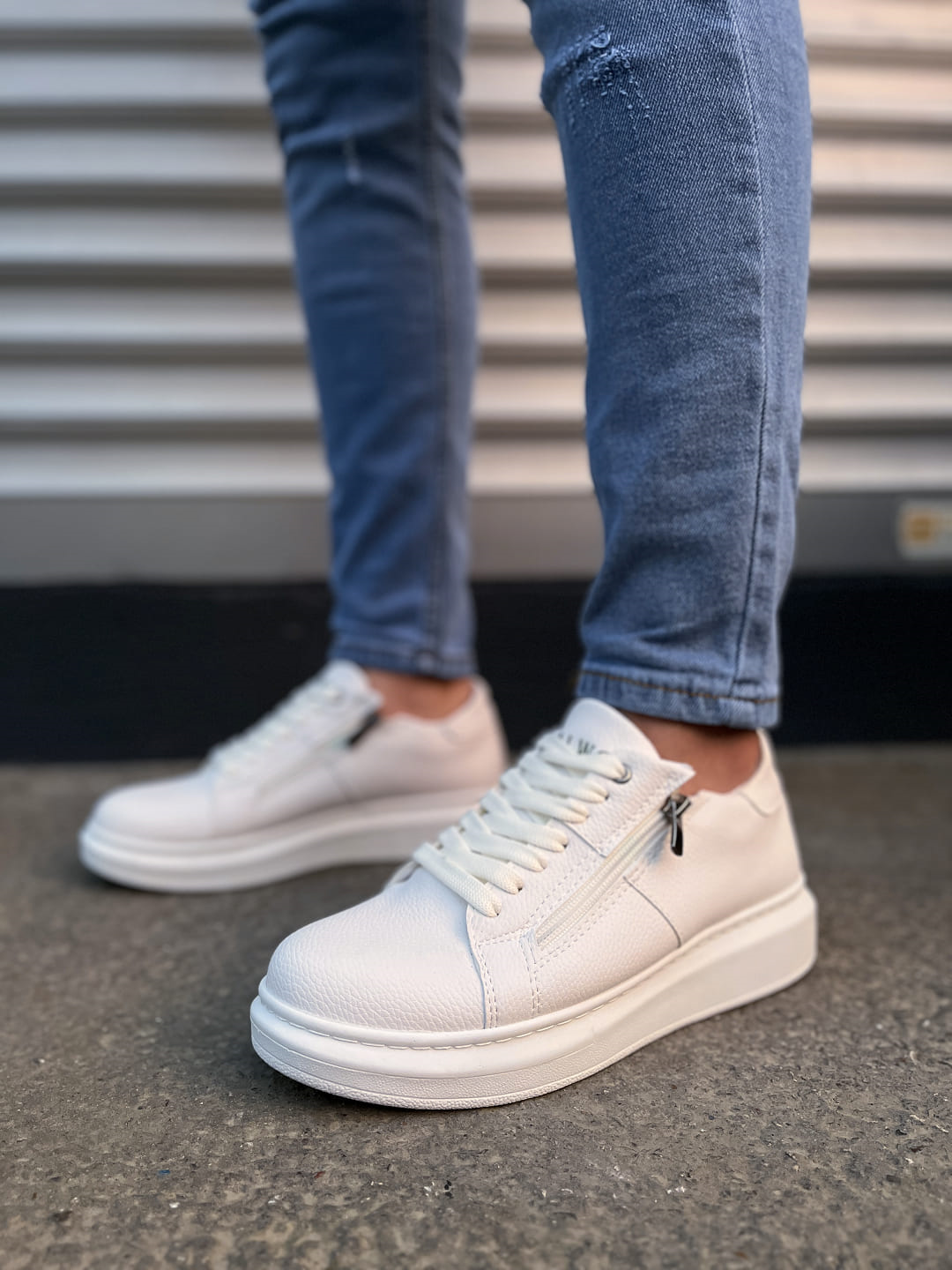 JY155 Warrior Bağcıklı ve Fermuarlı Cilt Erkek Günlük Sneaker Ayakkabı CBT - Beyaz