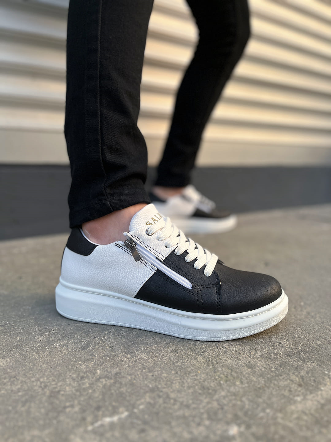 JY155 Warrior Bağcıklı ve Fermuarlı Cilt Erkek Günlük Sneaker Ayakkabı CBT - Beyaz/Siyah