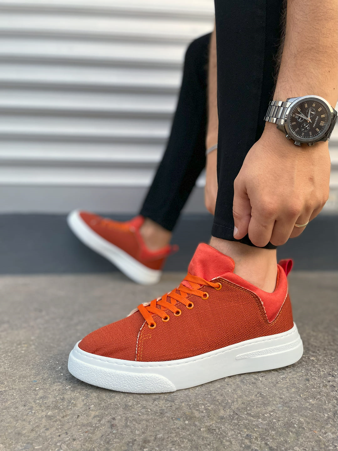 JY204 Flex Bağcıklı Keten Kumaş Erkek Günlük Sneaker Ayakkabı KBT - Turuncu