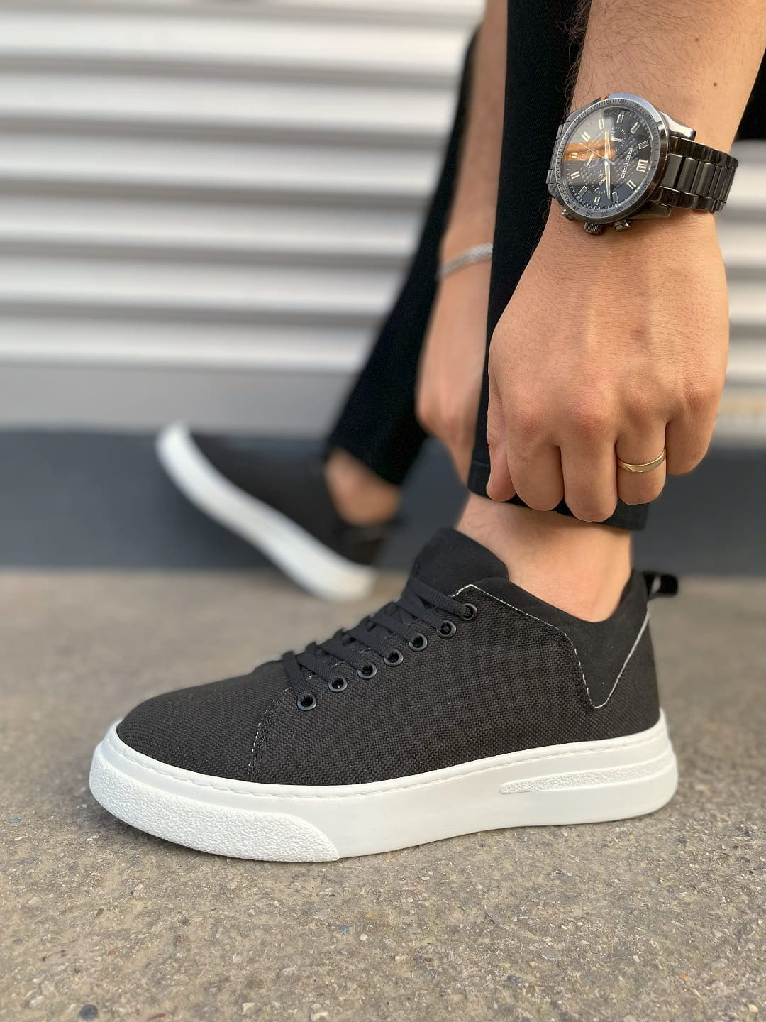 JY204 Flex Bağcıklı Keten Kumaş Erkek Günlük Sneaker Ayakkabı KBT - Siyah